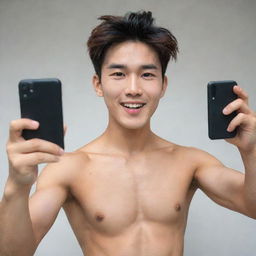 A cute native South Korean man with a bright face and comma hairstyle, flexing his abs and taking a selfie