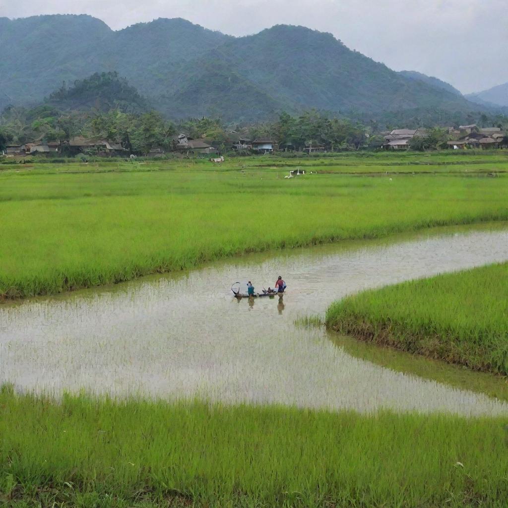 People joyfully catching catfish in a serene pond, with lush rice fields in the foreground and a quaint countryside in the backdrop.