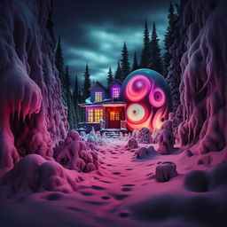 Venture into a nightmarish version of the Instagram house, its vibrant glow turned menacing and ominous within the gloomy snowscape. The dreamlike colorful planets become eerie, grotesque specters, each pulsating and writhing unsettlingly. The whole scene radiates a dread-laden, disquieting aura of unspeakable horrors.