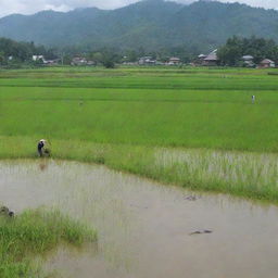 People joyfully catching catfish in a serene pond, with lush rice fields in the foreground and a quaint countryside in the backdrop.