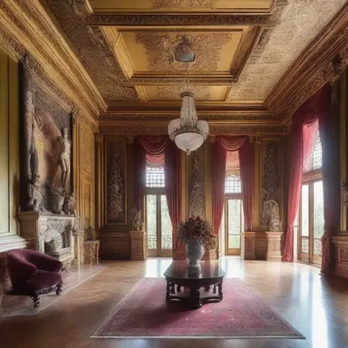 The luxurious mansion features a grand hall designed for hosting bacchanals, with intricate sculptures and vibrant tapestries adorning the walls.
