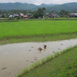 People joyfully catching catfish in a serene pond, with lush rice fields in the foreground and a quaint countryside in the backdrop.