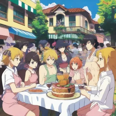 In the anime series, there was an episode where the main characters attend a wild bacchanal party in a lively town.
