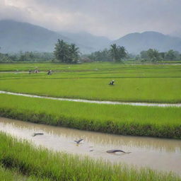 People joyfully catching catfish in a serene pond, with lush rice fields in the foreground and a quaint countryside in the backdrop.