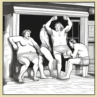 The comic strip depicted the bacchanal stumbling out of a bar after a night of excessive drinking.