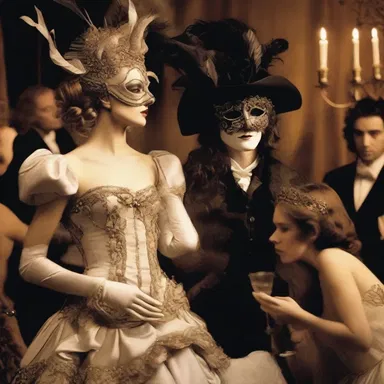 In the novel, the protagonist encounters a bacchanal at a masquerade ball, completely intoxicated and causing a scene.