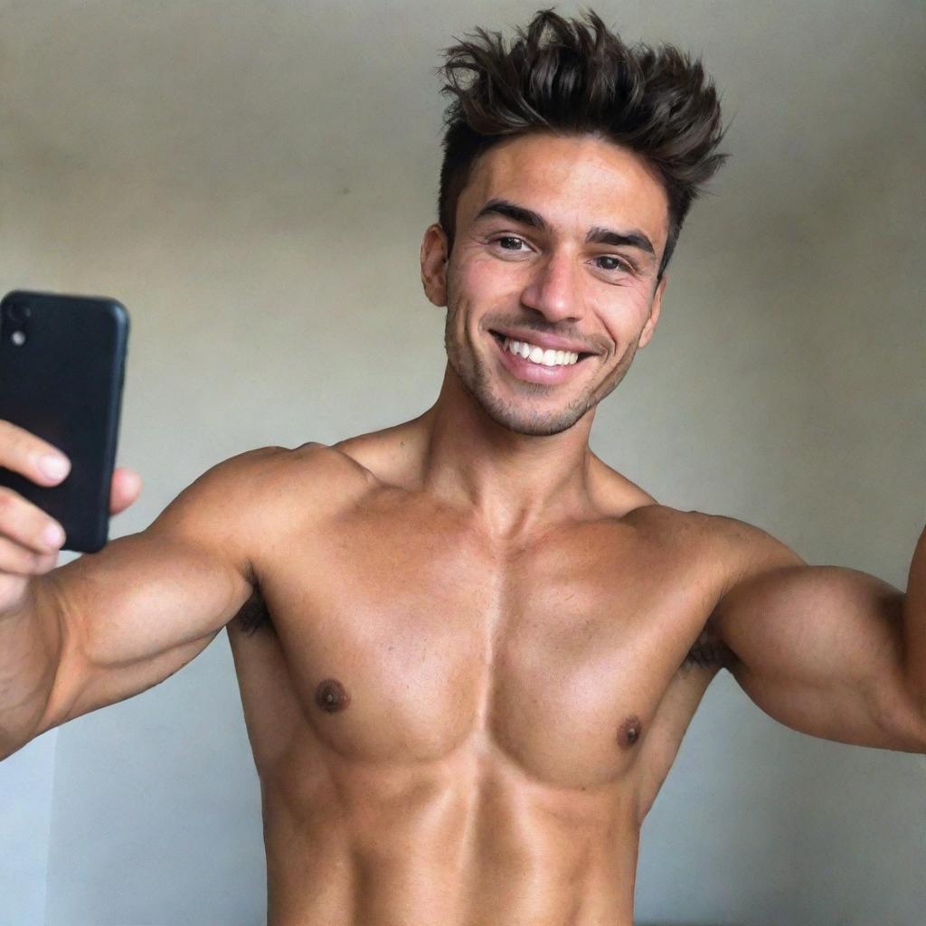 A cute native English man with a bright face and comma hairstyle, flexing his abs and taking a selfie