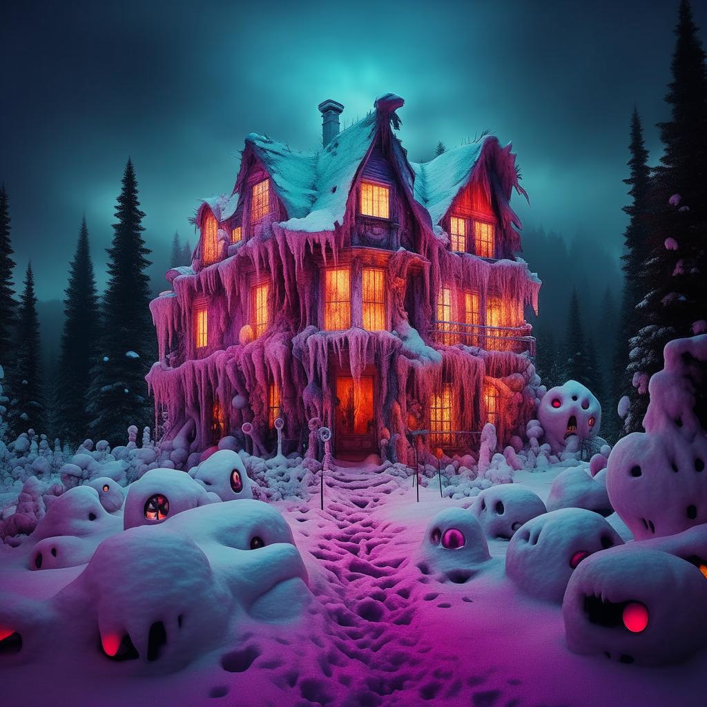 Venture into a nightmarish version of the Instagram house, its vibrant glow turned menacing and ominous within the gloomy snowscape. The dreamlike colorful planets become eerie, grotesque specters, each pulsating and writhing unsettlingly. The whole scene radiates a dread-laden, disquieting aura of unspeakable horrors.