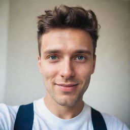 A cute native English man with a bright face and French crop hairstyle, taking a selfie