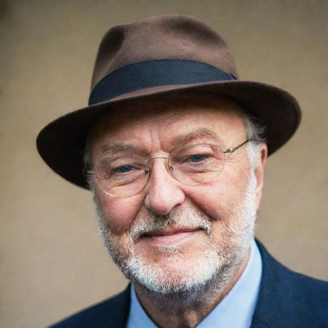 Portrait of George Galloway, a British politician known for his distinctive style, featuring his iconic fedora hat and glasses.