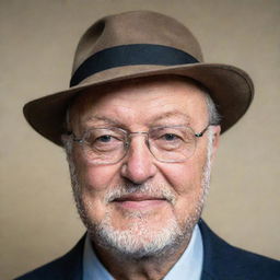 Portrait of George Galloway, a British politician known for his distinctive style, featuring his iconic fedora hat and glasses.