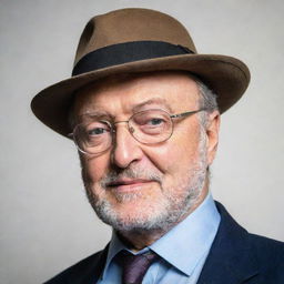 Portrait of George Galloway, a British politician known for his distinctive style, featuring his iconic fedora hat and glasses.