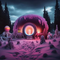 Venture into a nightmarish version of the Instagram house, its vibrant glow turned menacing and ominous within the gloomy snowscape. The dreamlike colorful planets become eerie, grotesque specters, each pulsating and writhing unsettlingly. The whole scene radiates a dread-laden, disquieting aura of unspeakable horrors.