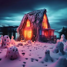 Venture into a nightmarish version of the Instagram house, its vibrant glow turned menacing and ominous within the gloomy snowscape. The dreamlike colorful planets become eerie, grotesque specters, each pulsating and writhing unsettlingly. The whole scene radiates a dread-laden, disquieting aura of unspeakable horrors.