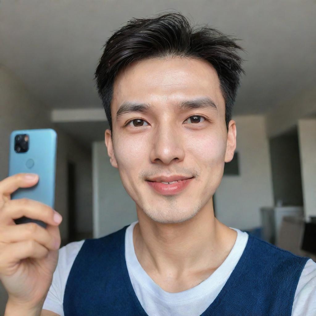 A cute man of Chinese and English descent with a bright face and French crop hairstyle, taking a selfie in Xiaomi Redmi Note 12 Pro quality