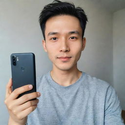 A cute man of Chinese and English descent with a bright face and French crop hairstyle, taking a selfie in Xiaomi Redmi Note 12 Pro quality