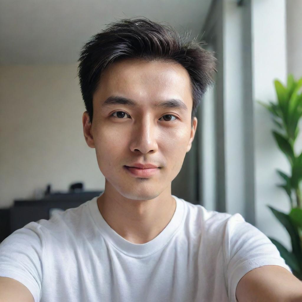 A cute man of Chinese and English descent with a bright face and French crop hairstyle, taking a selfie in Xiaomi Redmi Note 12 Pro quality