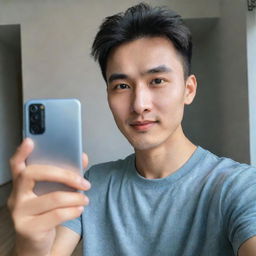 A cute man of Chinese and English descent with a bright face and French crop hairstyle, taking a selfie in Xiaomi Redmi Note 12 Pro quality