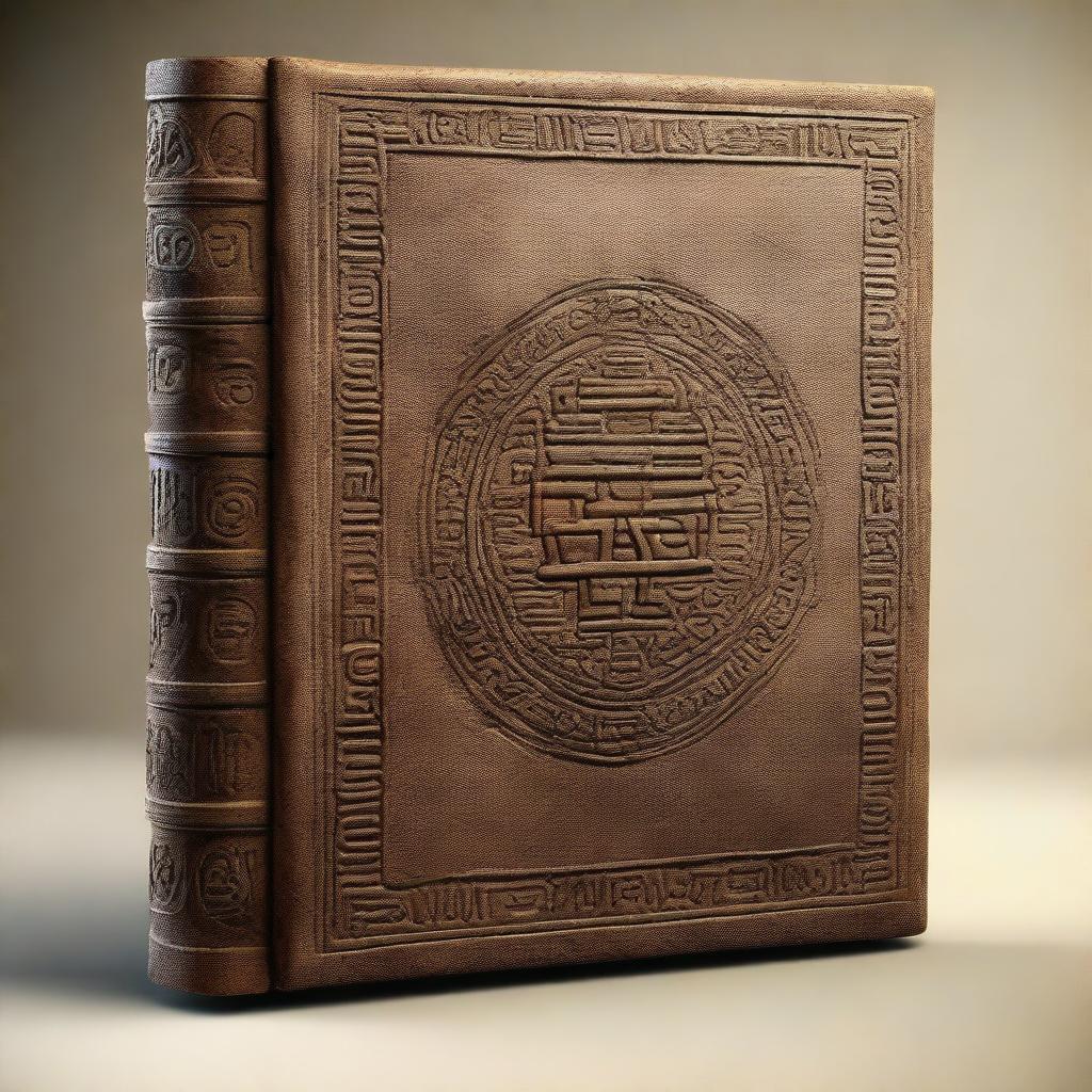 A detailed 3D render of an ancient book with a sand-textured cover