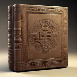 A detailed 3D render of an ancient book with a sand-textured cover