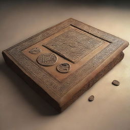 A detailed 3D render of an ancient book with a sand-textured cover