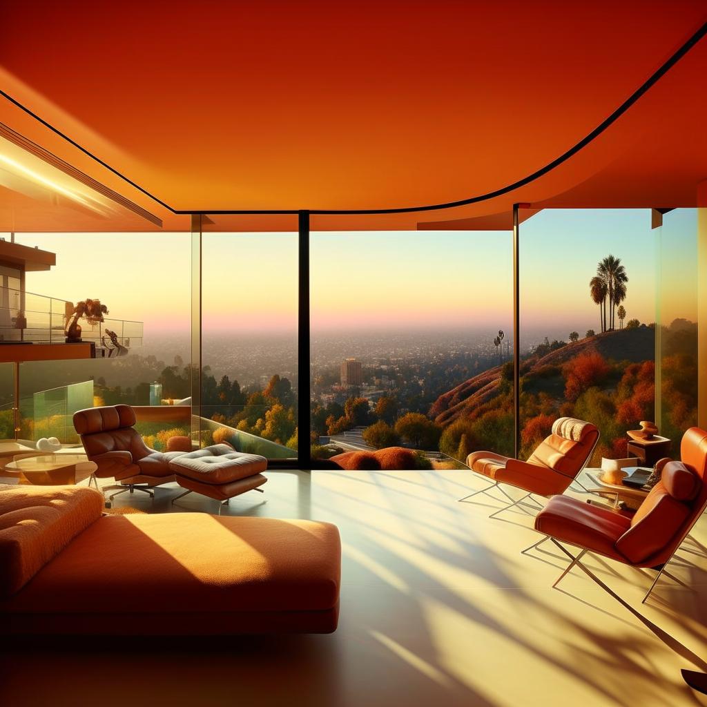 Generate an interior image of a house in the LA hills overlooking the city, in the style of Julius Shulman, with a 16:9 aspect ratio, color, and 90% sharpness.