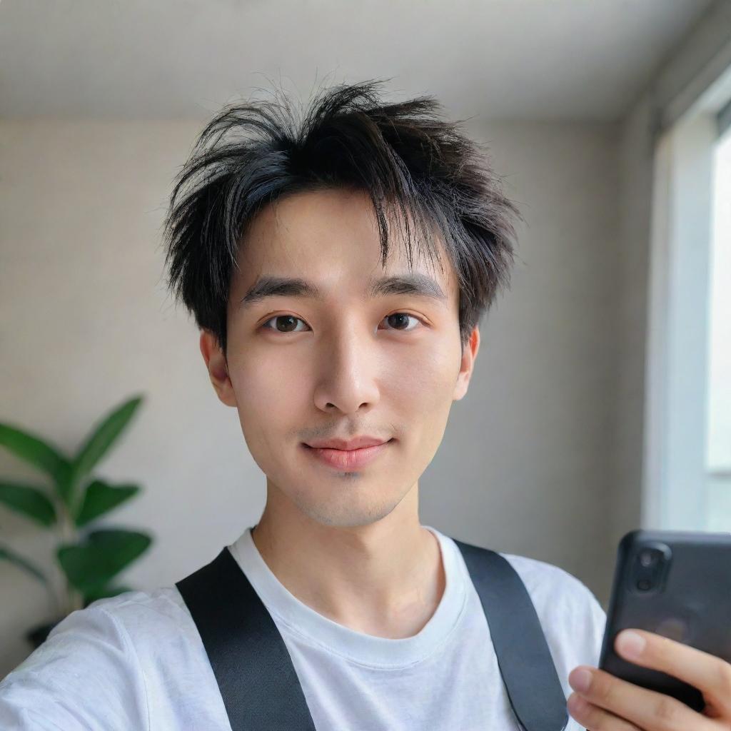 A cute man who resembles an anime character, of Chinese and English descent with a bright face and French crop hairstyle, taking a selfie in Xiaomi Redmi Note 12 Pro quality