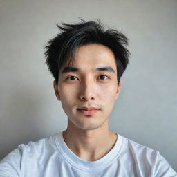 A cute man who resembles an anime character, of Chinese and English descent with a bright face and French crop hairstyle, taking a selfie in Xiaomi Redmi Note 12 Pro quality