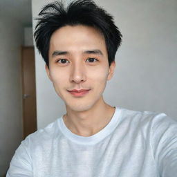 A cute man who resembles an anime character, of Chinese and English descent with a bright face and French crop hairstyle, taking a selfie in Xiaomi Redmi Note 12 Pro quality