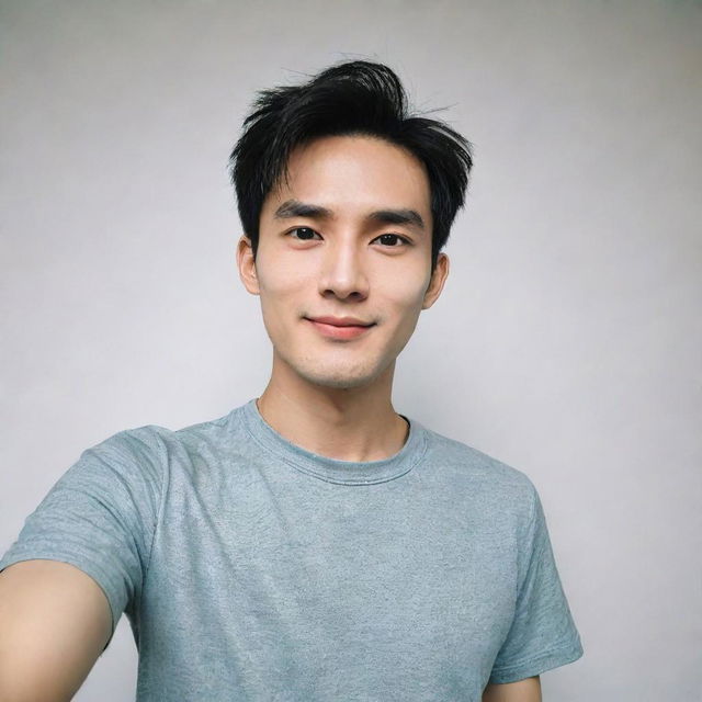 A cute man who resembles an anime character, of Chinese and English descent with a bright face and French crop hairstyle, taking a selfie in Xiaomi Redmi Note 12 Pro quality