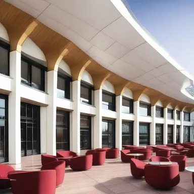 The paddock in the racecourse has a magnificent architectural design, with a grand entrance and spacious seating areas.