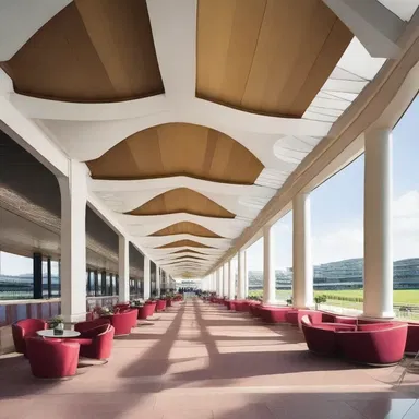 The paddock in the racecourse has a magnificent architectural design, with a grand entrance and spacious seating areas.