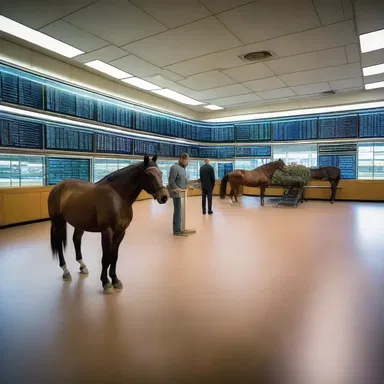 In a futuristic world, the paddock for racehorses is a high-tech facility with automated saddling machines and holographic displays.
