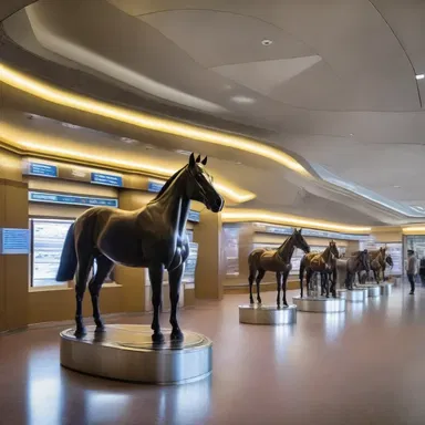 In a futuristic world, the paddock for racehorses is a high-tech facility with automated saddling machines and holographic displays.