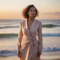 A proud woman standing tall, bathed in the soft glow of a sunset. She's dressed in sophisticated attire, her hair falling in gentle waves. Her gaze is determined, embodying resounding confidence and poise.