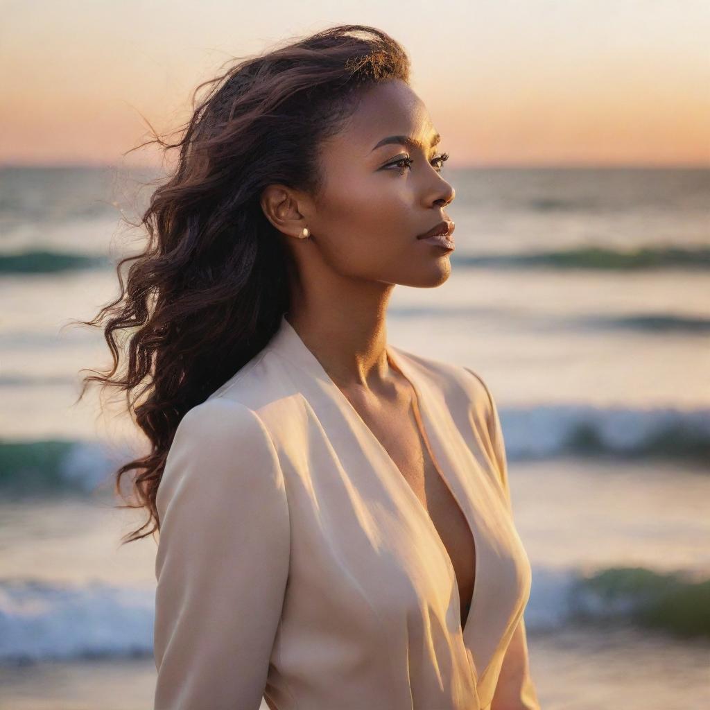 A proud woman standing tall, bathed in the soft glow of a sunset. She's dressed in sophisticated attire, her hair falling in gentle waves. Her gaze is determined, embodying resounding confidence and poise.