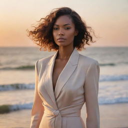 A proud woman standing tall, bathed in the soft glow of a sunset. She's dressed in sophisticated attire, her hair falling in gentle waves. Her gaze is determined, embodying resounding confidence and poise.