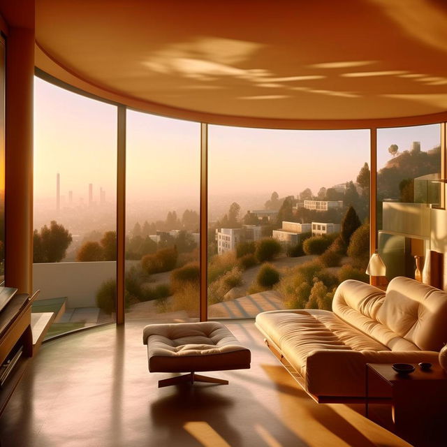 Generate an interior image of a house in the LA hills overlooking the city, in the style of Julius Shulman, with a 16:9 aspect ratio, color, and 90% sharpness.