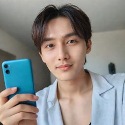 A cute man who resembles Taehyung, of Chinese and English descent with a bright face and French crop hairstyle, taking a selfie in Xiaomi Redmi Note 12 Pro quality