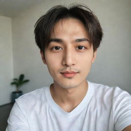 A cute man who resembles Taehyung, of Chinese and English descent with a bright face and French crop hairstyle, taking a selfie in Xiaomi Redmi Note 12 Pro quality