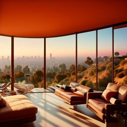 Generate an interior image of a house in the LA hills overlooking the city, in the style of Julius Shulman, with a 16:9 aspect ratio, color, and 90% sharpness.