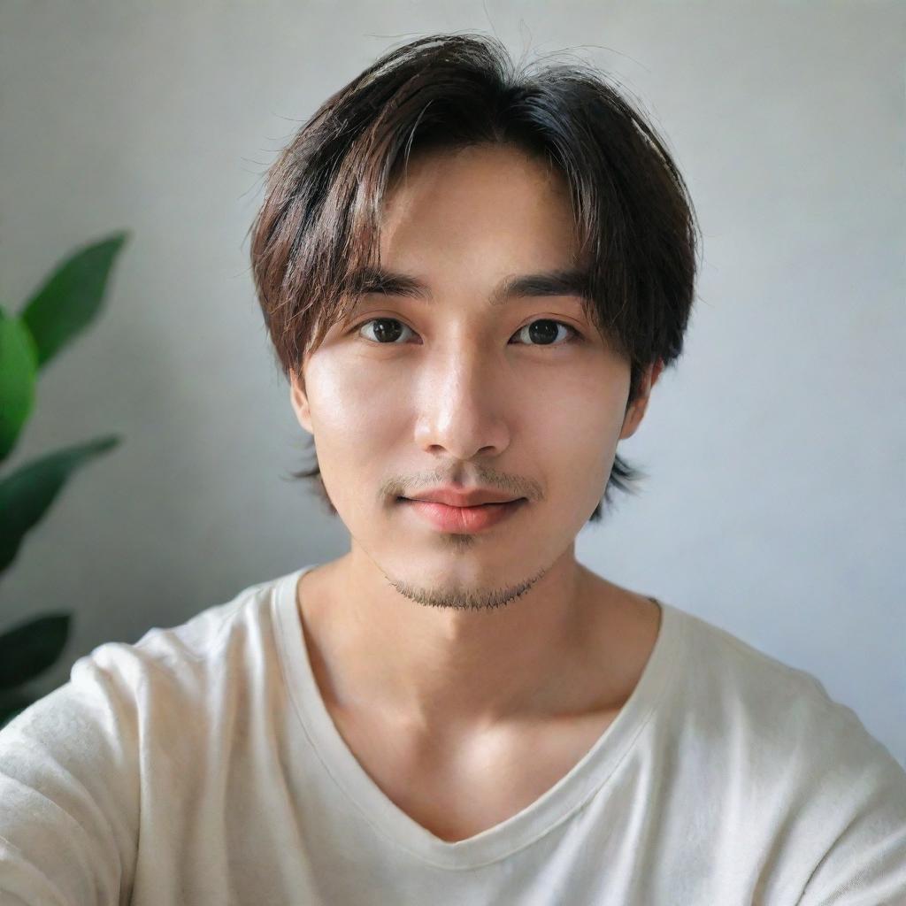 A cute man who resembles Taehyung, of Korean and English descent with a bright face and French crop hairstyle, taking a selfie in Xiaomi Redmi Note 12 Pro quality