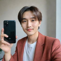 A cute man who resembles Taehyung, of Korean and English descent with a bright face and French crop hairstyle, taking a selfie in Xiaomi Redmi Note 12 Pro quality