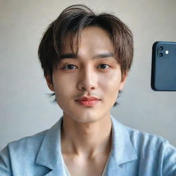 A cute man who resembles Taehyung, of Korean and English descent with a bright face and French crop hairstyle, taking a selfie in Xiaomi Redmi Note 12 Pro quality