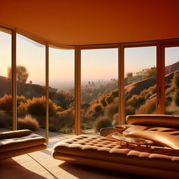 Generate an interior image of a house in the LA hills overlooking the city, in the style of Julius Shulman, with a 16:9 aspect ratio, color, and 90% sharpness.