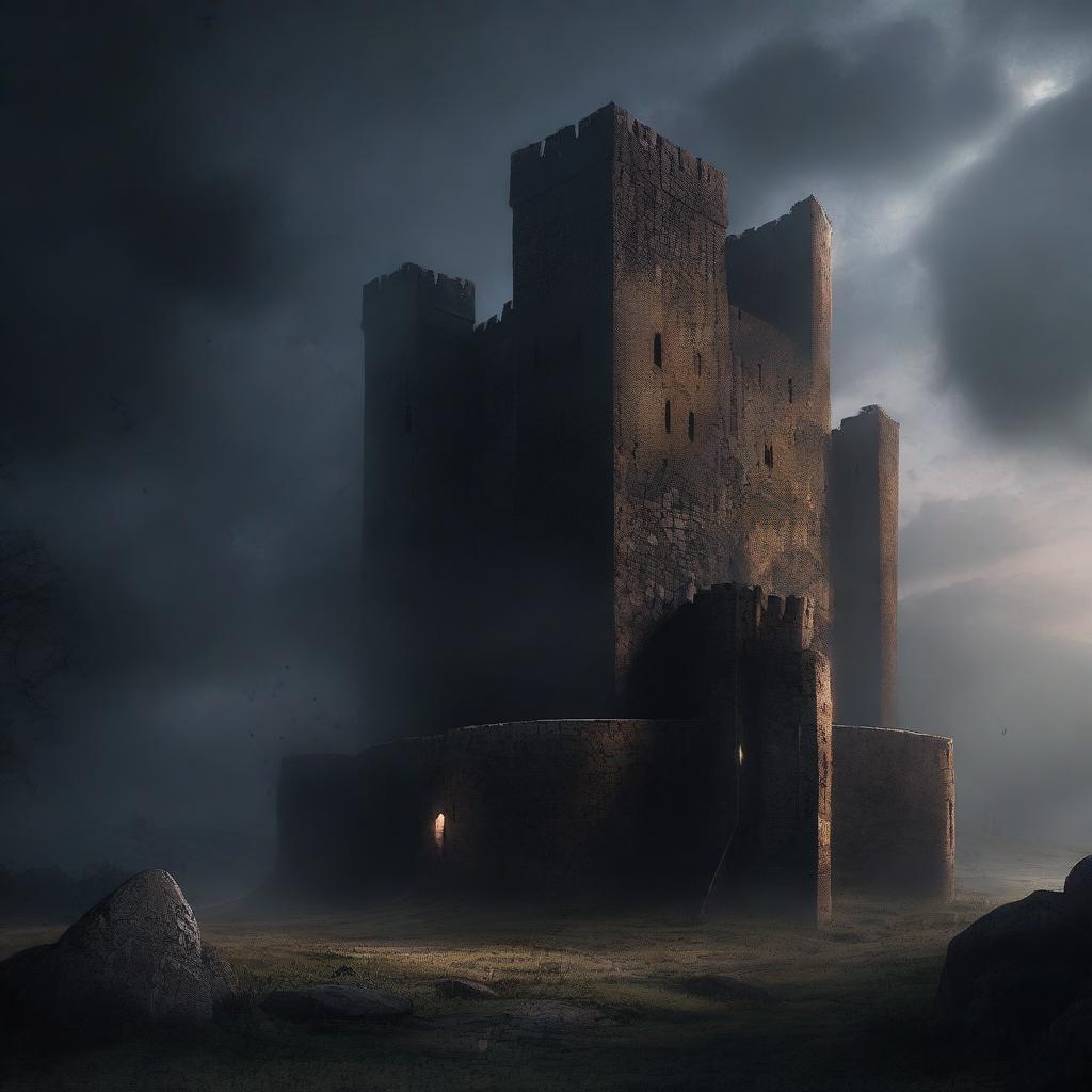 A high-quality digital art depicting a dark, ominous fortress from the dark ages