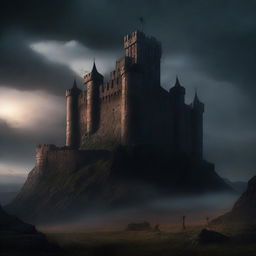 A high-quality digital art depicting a dark, ominous fortress from the dark ages