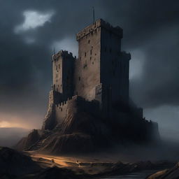 A high-quality digital art depicting a dark, ominous fortress from the dark ages