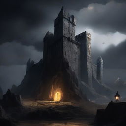 A high-quality digital art depicting a dark, ominous fortress from the dark ages