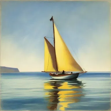 The painting 'The Sailing Boat' by Edward Hopper portrays a beautiful dandy sailboat sailing gracefully on a calm sea.